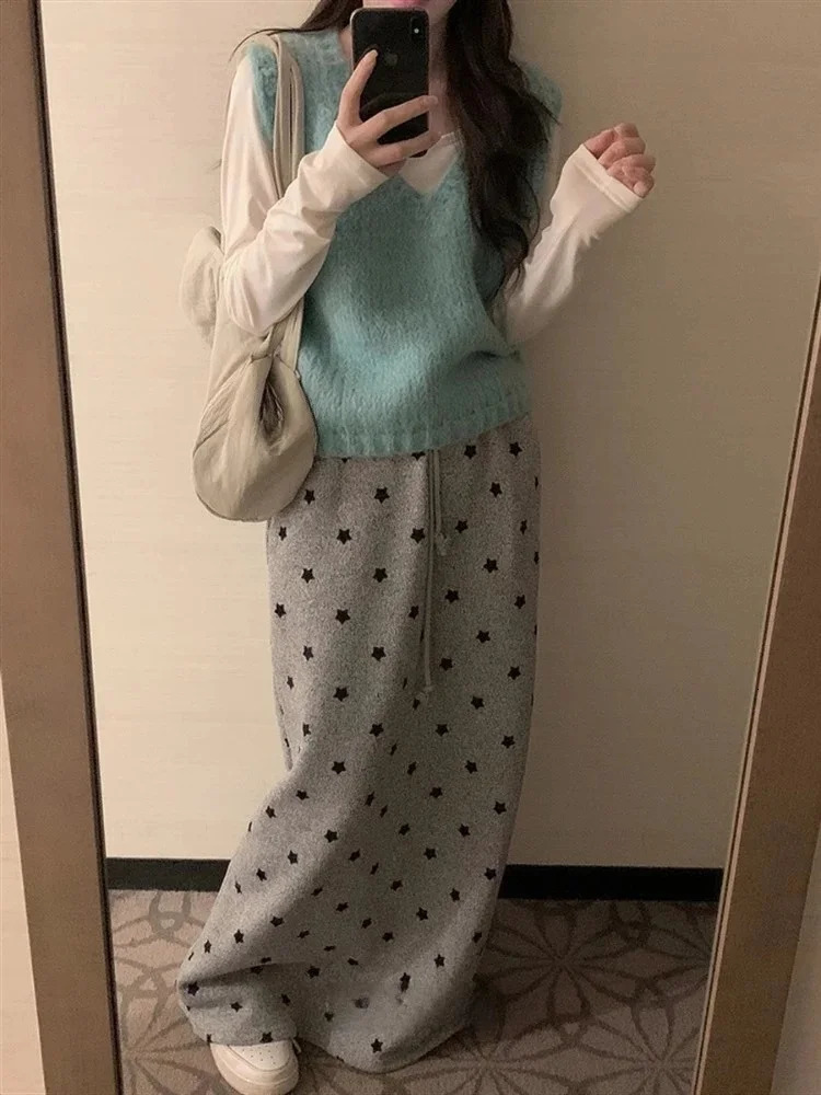 2025 Faldas Mujer De Moda Fashion Thicked Skirt Korean Long Skirts Women Elastic Waistband Bandage Jupe Star Print Casual Saia 250122