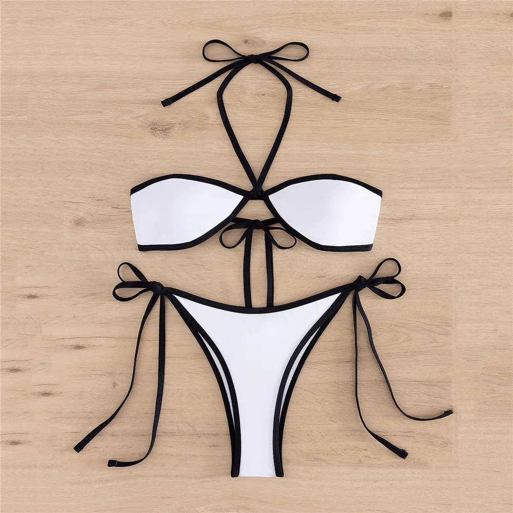 Black Halter String Micro Thong Bikini Contrast Edge Swimwear Sexy Swimsuit Women 2025 Bathing Swimming Suit Bikinis Sets Mujer 250210