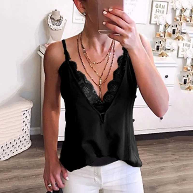 Fashion Casual Sexy Solid Vest Women Summer Ladies Sveless Lace Patchwork Mesh Loose Vest Deep V-Neck Cami Soft Tank TopsXJ250212