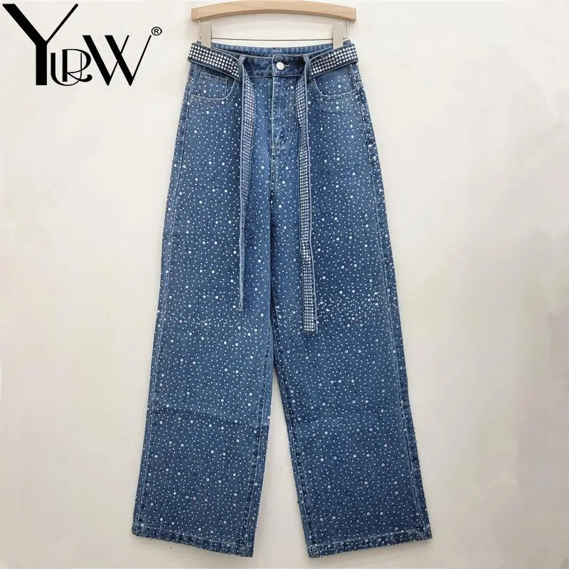 YUERWANG Women Jeans 2025 Spring Vintage Rhinestone Belt Wide Leg Jeans Fashionable All Match Loose Casual Long Denim Pants 250212