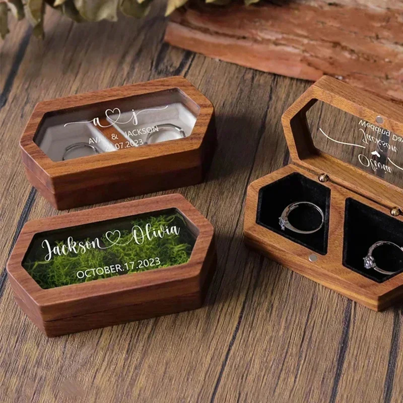 Free Custom Personalized Walnut Wooden Ring Box Engraved Engagement and Wedding Holder Gift for Couples Brides Grooms 250117