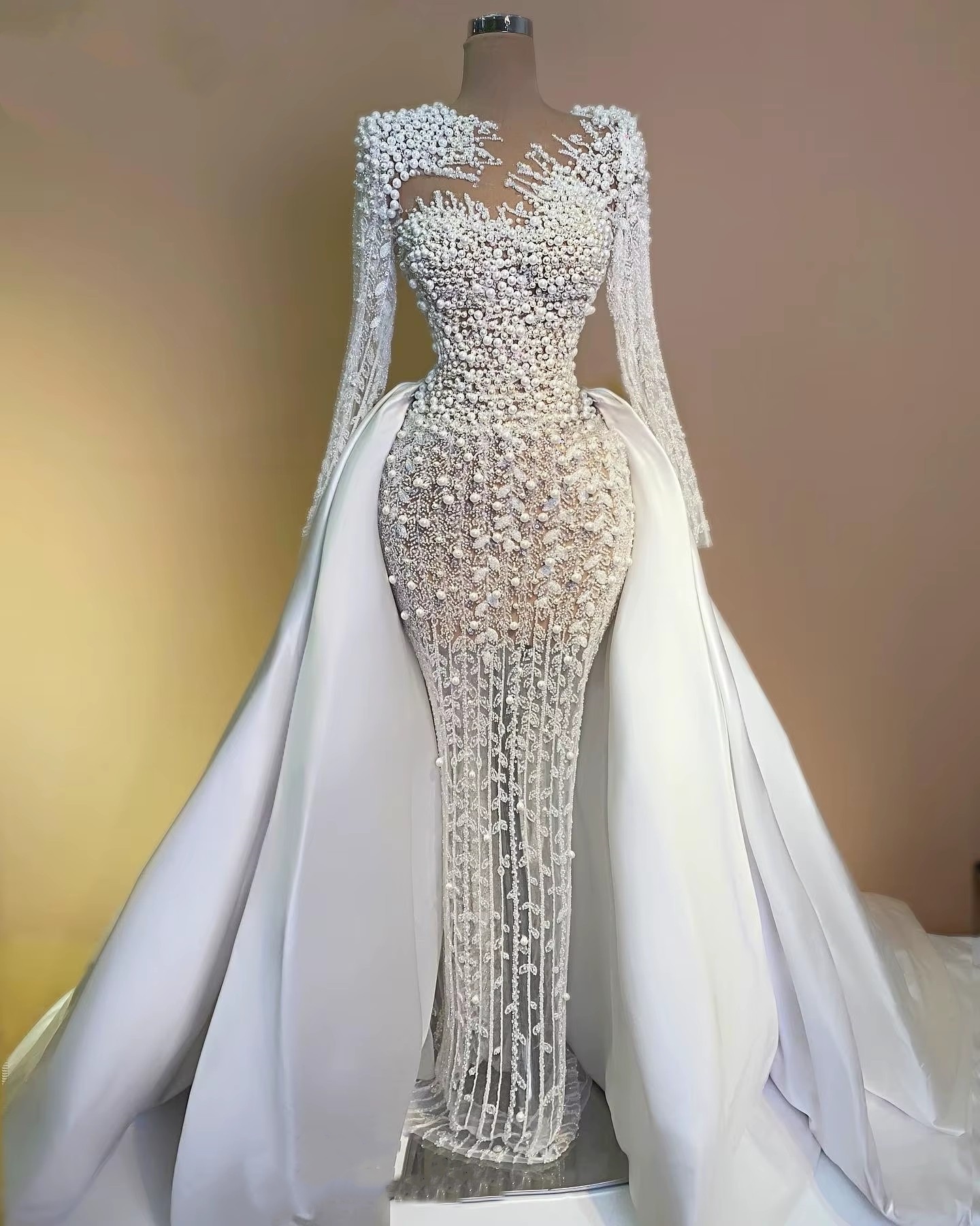 Gorgeous Pearls Wedding Dresses Sequins Mermaid Bridal Gowns with Overskirts Beading Long Sleeves Customized Princess Sweep Train Bride Dress Vestidos