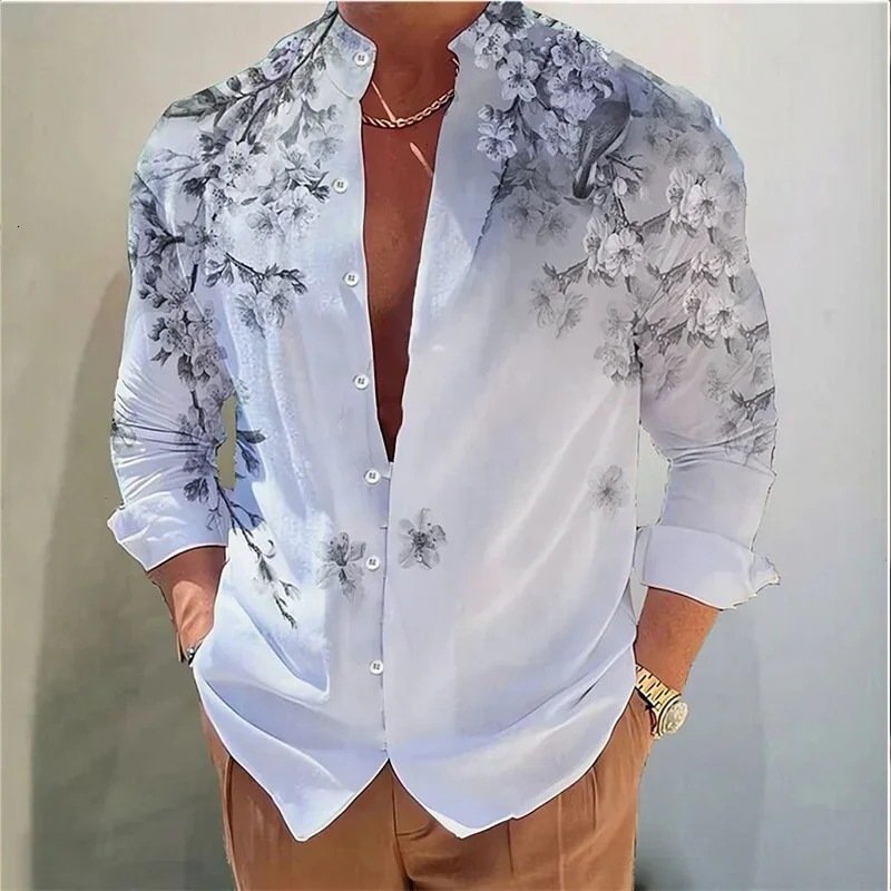 Mens shirt printed stand collar outdoor street long sleeve printed clothing Fashion casual comfortable top 250211