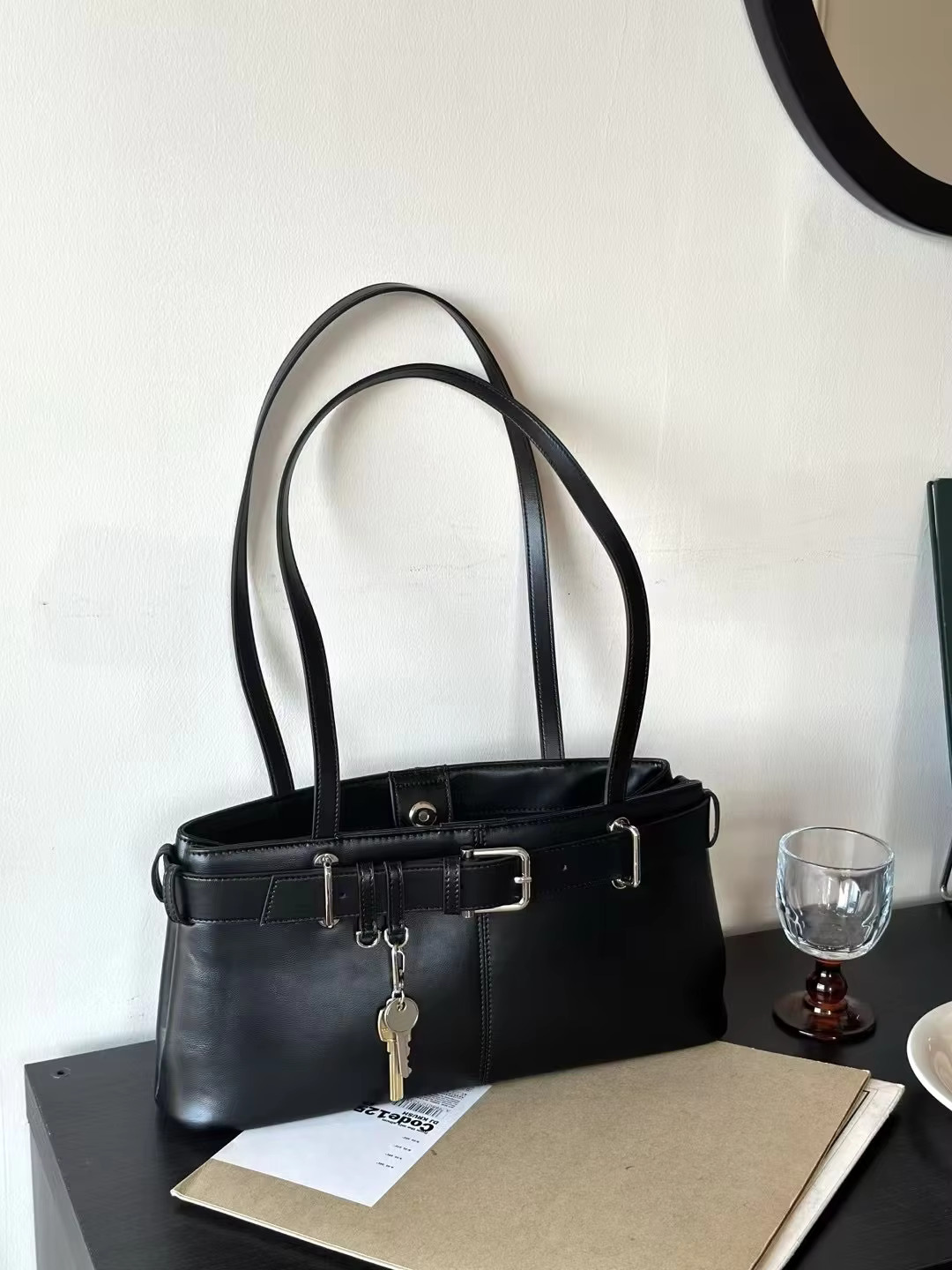 FIRMRANCH Retro Motorcycle Style Belt Buckle Design Large Capacity Women's Single Shoulder Underarm Bag Tote Cowhide Leather