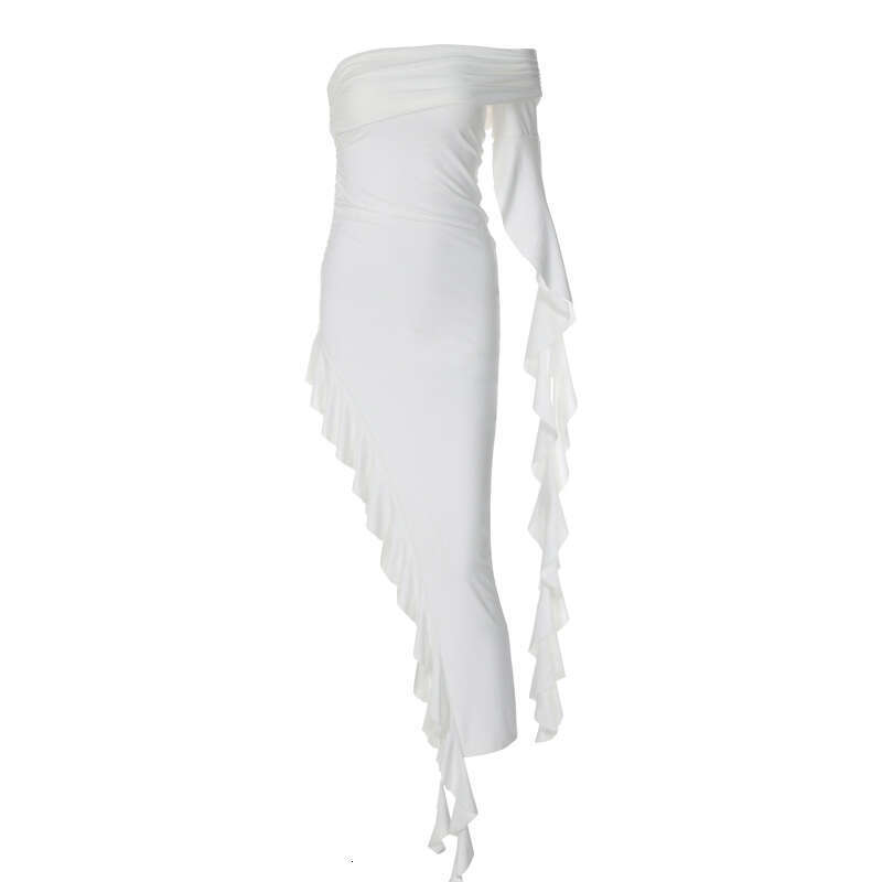 European and American women's summer product fashion personality one shoulder pleated solid color slim fit dress wholesale 2025 temperament versa