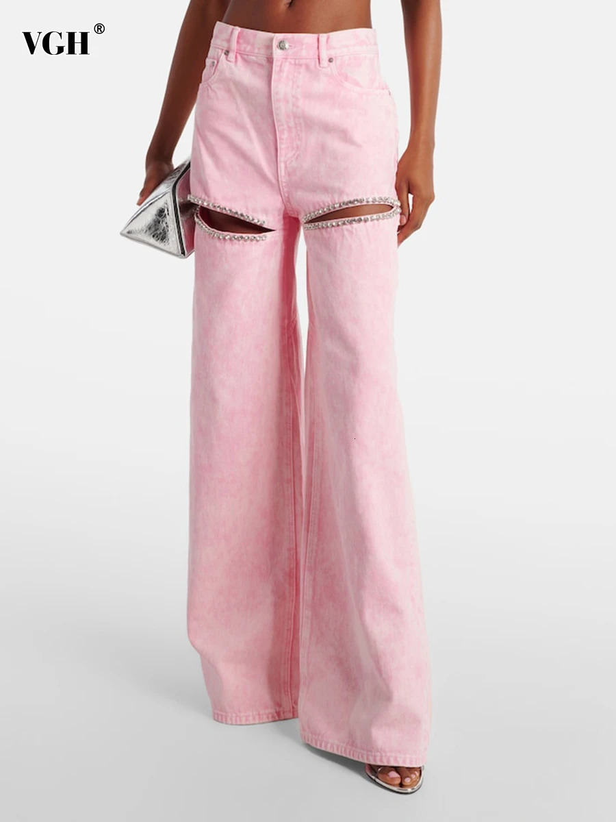 VGH High Street Spliced Diamonds Denim Trousers for Women High Waist Hollow Out Patchwork Pocket Wide Leg Pants Female Style 250212