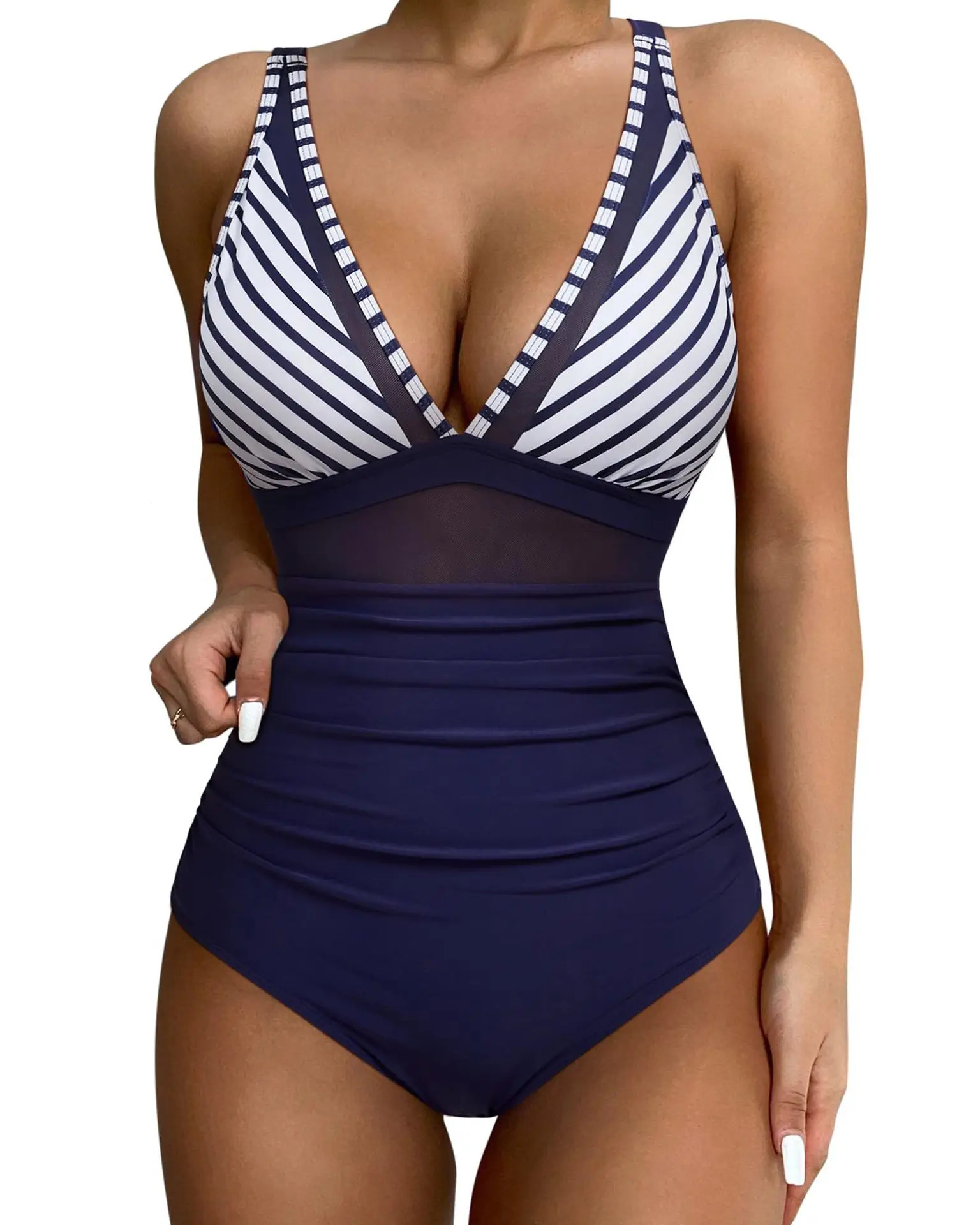 Sexy One Piece Swimsuit Women Mesh Strappy Plunge Swimwear Tummy Control Bathing Suits Beach Wear Monokini Swimming Suit 250210