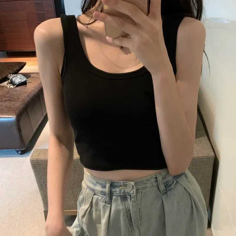 2024 Fashion Women Solid Color Suspender Camisole Tank Top for Womens Short Yoga Sports Crop Top Sveless Sexy Slim Fit TopsXJ250212