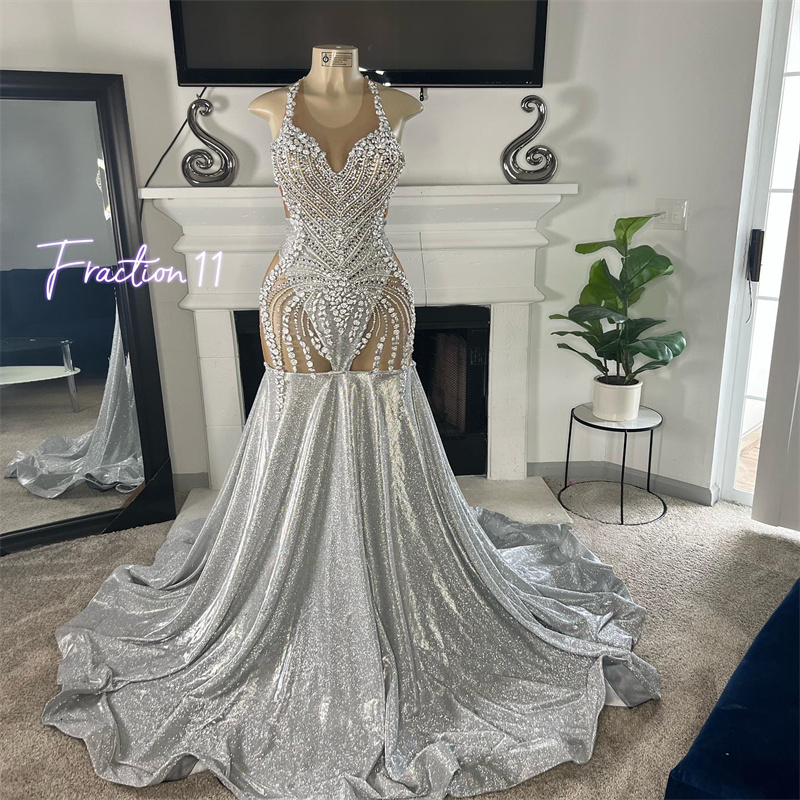 Shiny Silver Prom Dress With Diamond Crystal Mermaid Black Girls Evening Dress Glitter African Birthday Party 2025 Vestio De Fiesta Nigeria Formal Occ