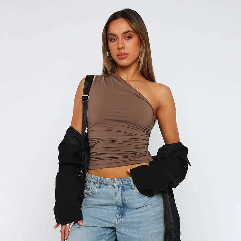BUILDINGB Solid Color One Shoulder Backless Shrink Tank Top T-Shirt Candy Color Tight Sexy Sveless Neckless Slim Casaul TopXJ250212