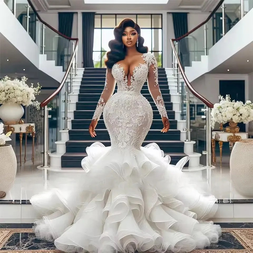 2025 Mermaid Wedding Dresses Bridal Gown Long Sleeves Straps Lace Appliqued Tier Bottom Africa Vestido De Novia