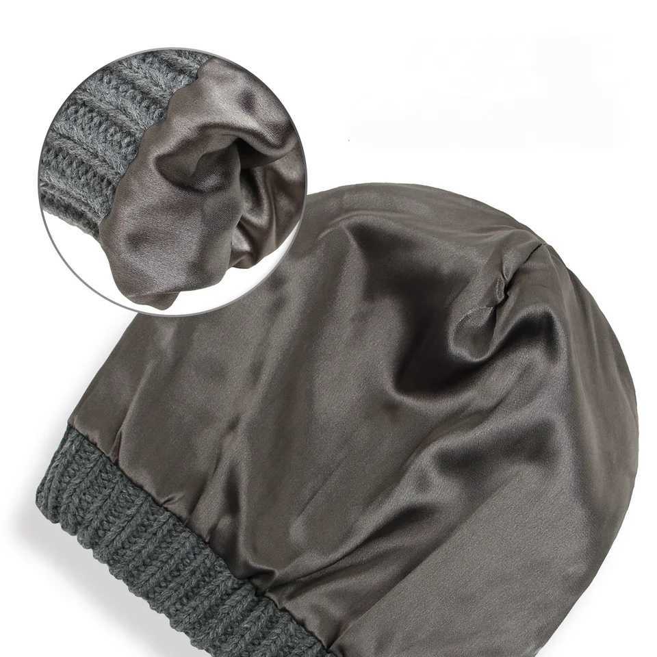 2022 Fashion New 9 Wens Winter Warm Knitted Hat Satin Silk Li Cable Knit Beanie Chunky Slouchy Skl Cap X250212