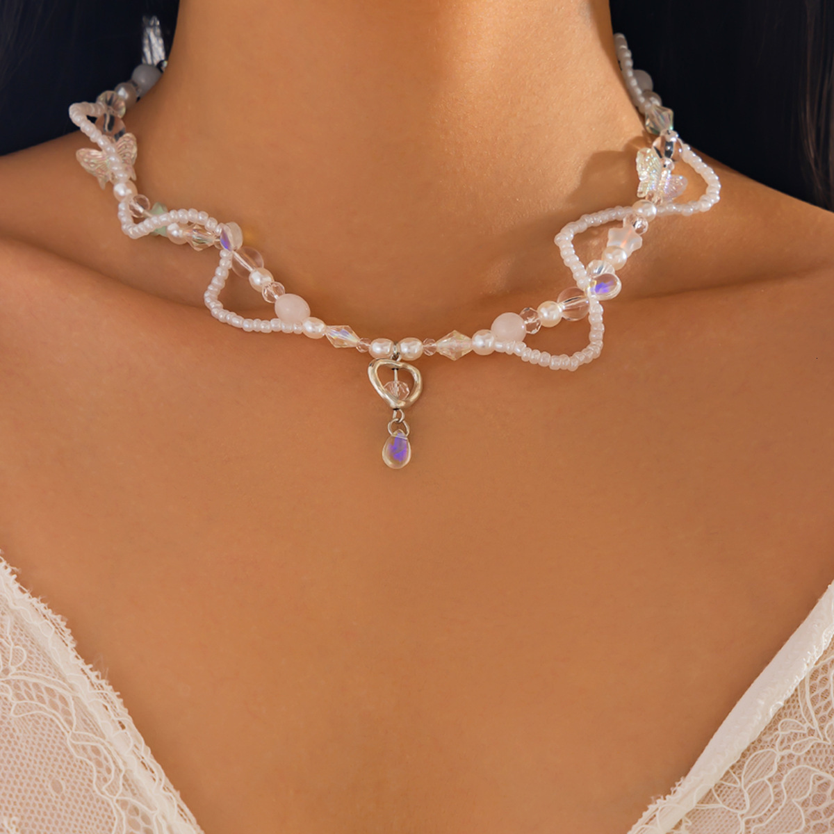 Woman fashion Jewelry small fresh irregular rice bead necklace sweet heart alloy designer pendant collarbone chain
