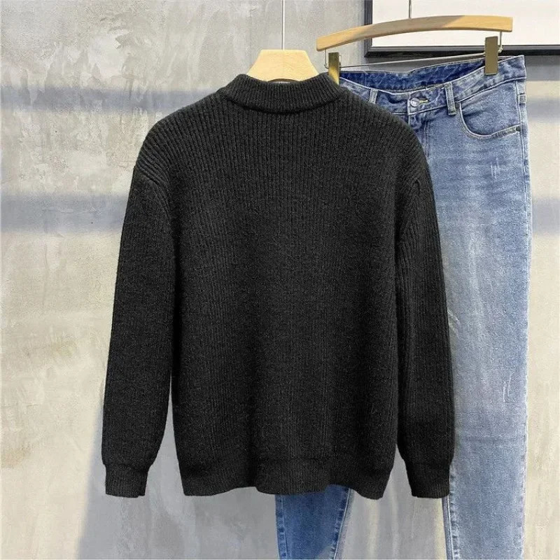Knitted Sweaters for Men Black Man Clothes Plain Y2k Vintage Cardigan Solid Color Zip-up Zipper Collared Long Sleeve 100% Tops A 250211