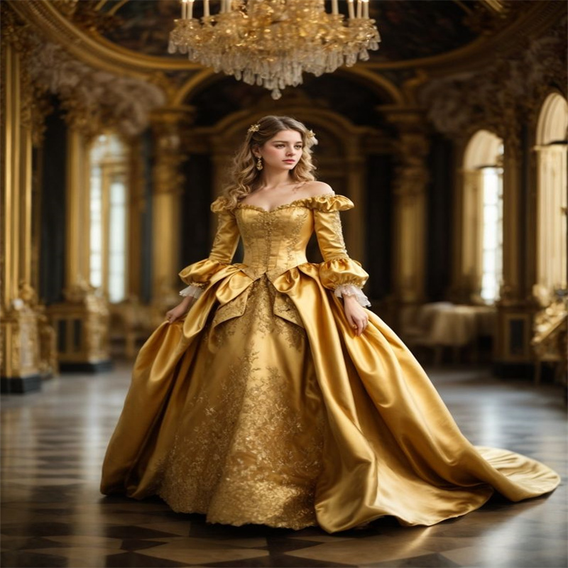 French Bustle Gold Prom Dress Victorian Era Queen Long Sleeve Costume Aesthetic Evening Dress Marie Antoinette Party Birthday Korean Vestio De Fiesta 