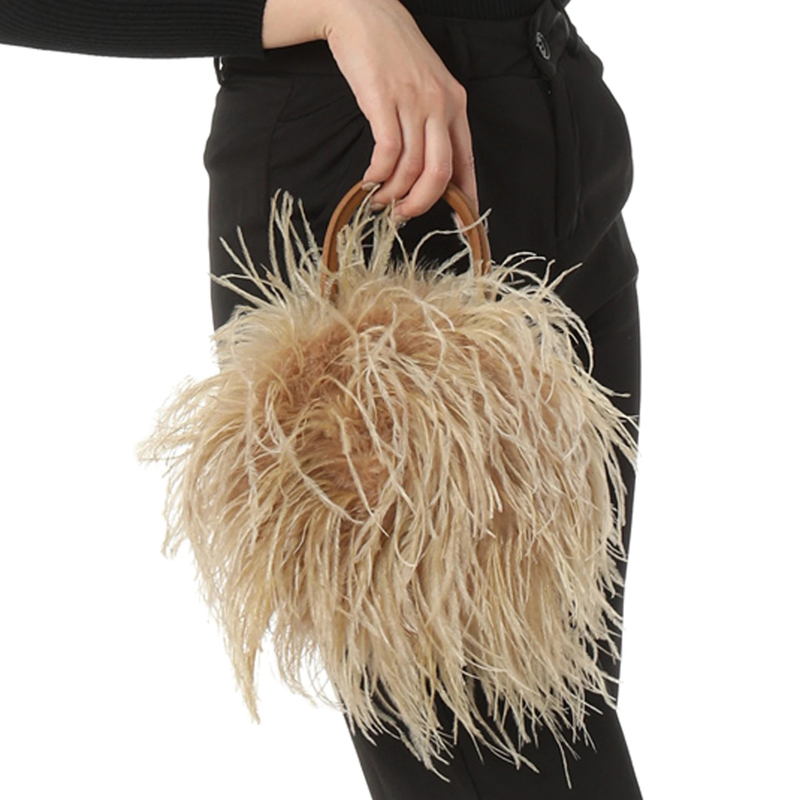 Real Natural Ostrich Feather Mini Handbag Furry Fluffy Women Change Purse For party Leather handle clutch bag Peach Fuzz 250210