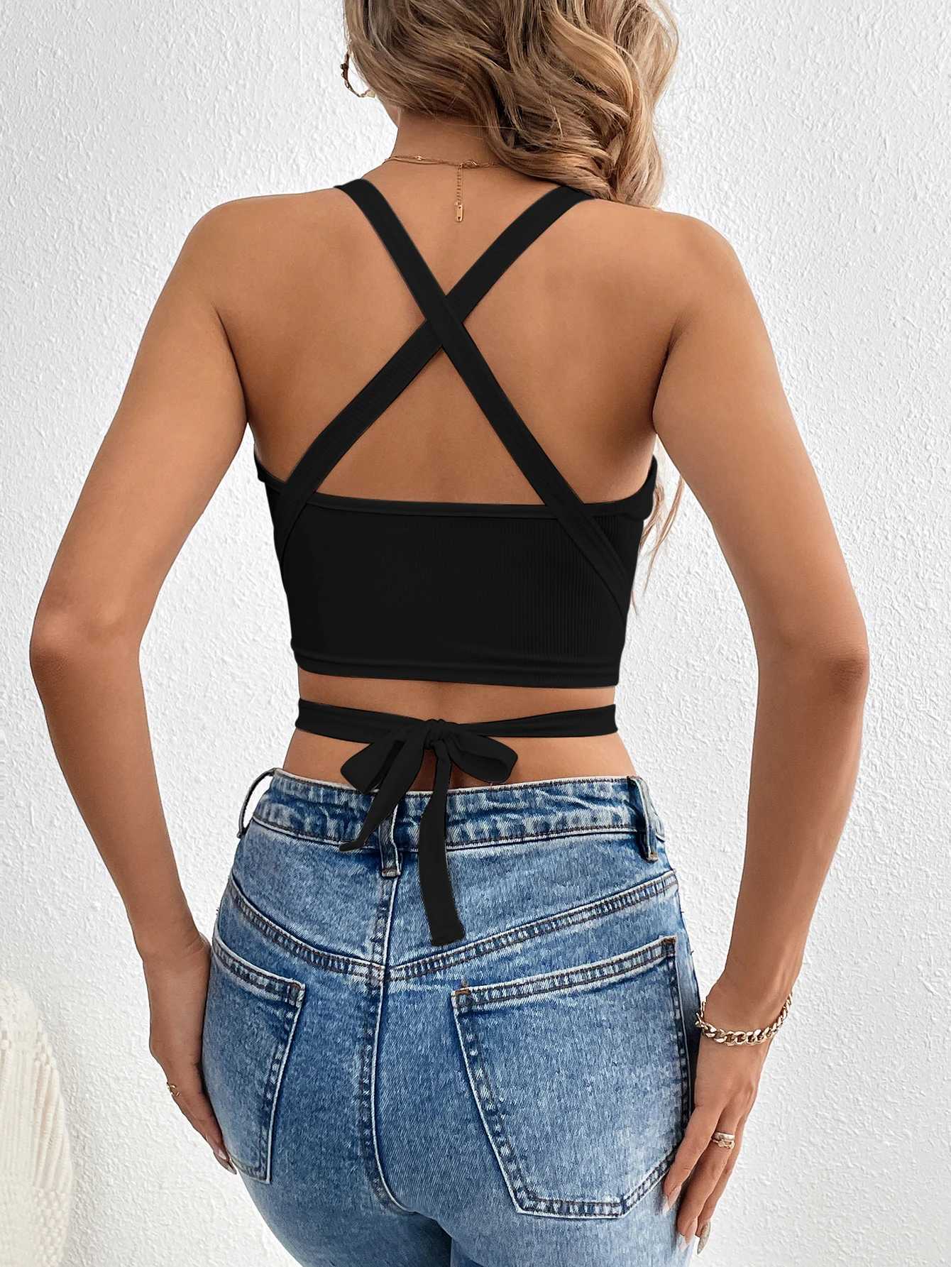 Solid Crisscross Halter Top Tie Back Sveless Party Wear Top Womens ClothingXJ250212