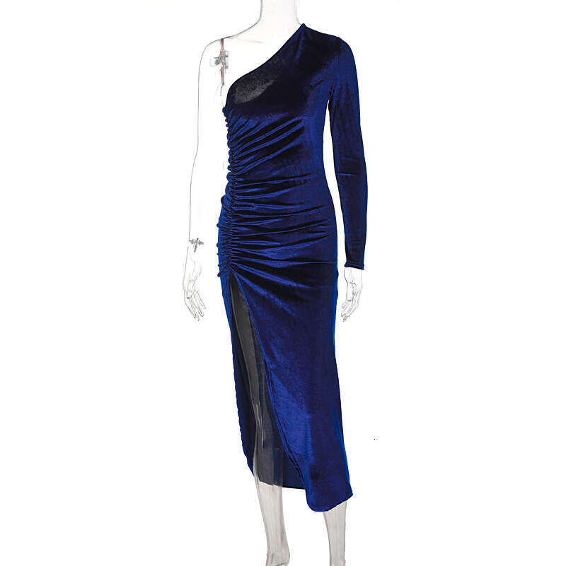 European American women's spring autumn fashion slanted shoulder long sleeved slim fit pleated slit dress factory batch 2025 new style chic and e