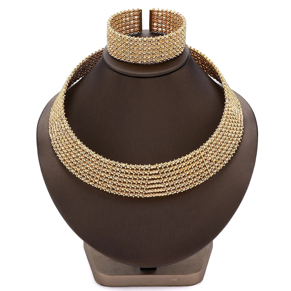 Dubai Wedding Bridal Full Jewelry Sets For Women Party Nigeria Gold Plated Beads Choker Necklace Jewelry Set 250211