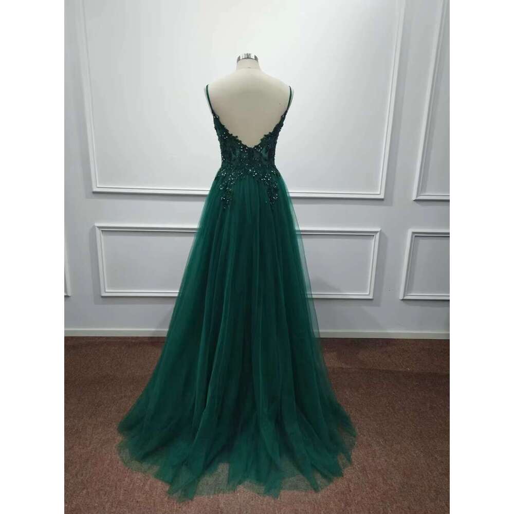 Dark Green Straps Soft Tulle Evening Dresses Beaded Sequin Appliques Crystal Formal Party Prom Gowns Vestido