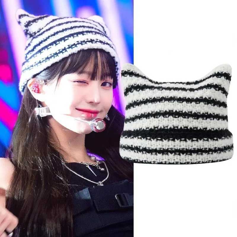 New Japanese Streetwear Harajuku Beanie Little Devil Striped Knitted Hat Wen Girls Autumn Winter Cute Cat Ears Cap X250212