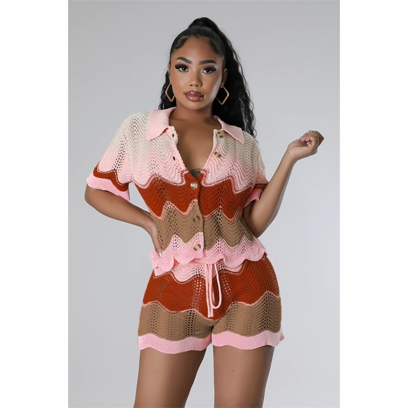 Womens Tracksuits Two Pieces Set 2025 Spring New Knitted Short Sleeved Shorts Casual Set 2 Colors