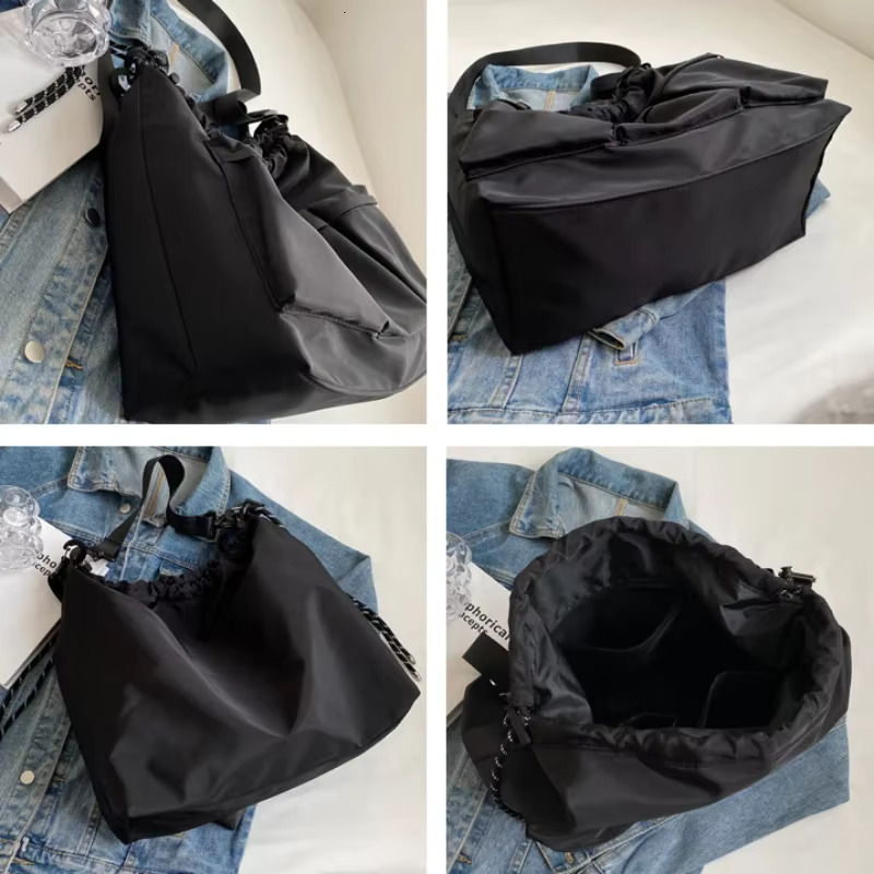 Large Black Nylon Unisex Crossbody Bag Multi-Pocket Totes String Design Travel Shoulder Bags For Women Fashion Handbags Purses