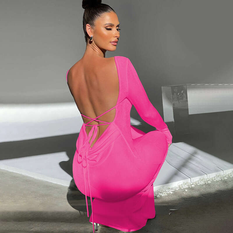 Women's autumn products fashionable and sexy backless lace up long sleeved dress wholesale 2025 temperament versatile new trend clothing ins