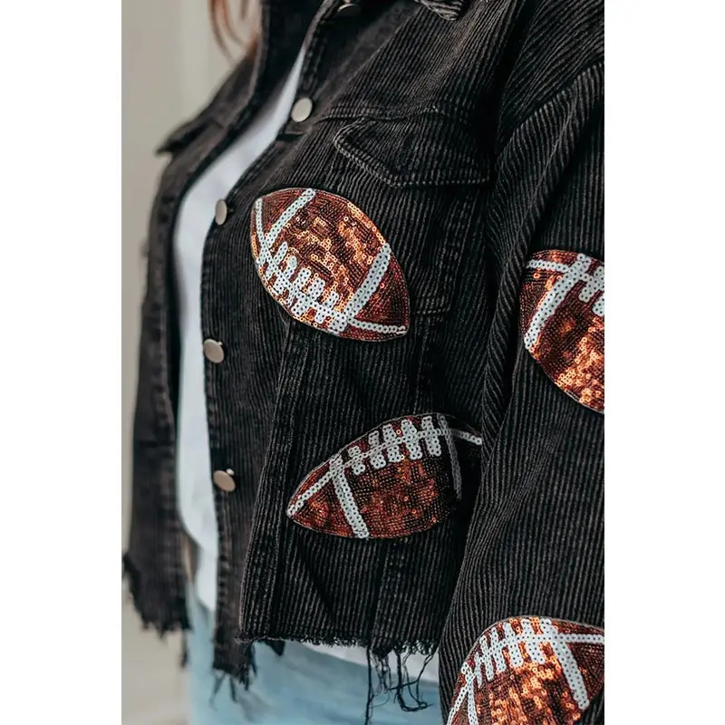 Black Football Sequin Corduroy Jacket Stadium Style Football Season Retro Turn-down Collar Autumn Jacket for Women 250116