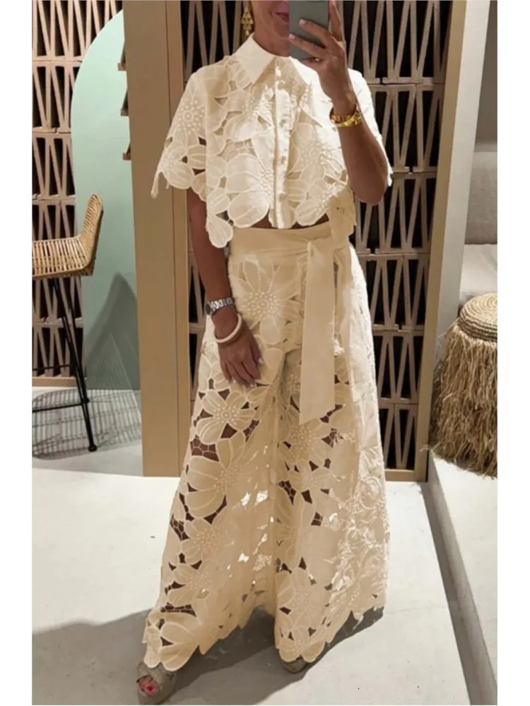 Sexy Lapel Single-breasted Shirt Top Wide-leg Pants 2-piece Set Women Fashion Solid Color Elegant Casual Hollow Suit Female 250206