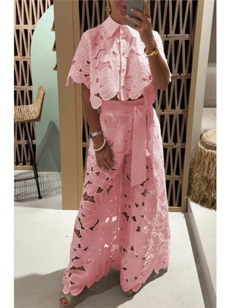 Sexy Lapel Single-breasted Shirt Top Wide-leg Pants 2-piece Set Women Fashion Solid Color Elegant Casual Hollow Suit Female 250206