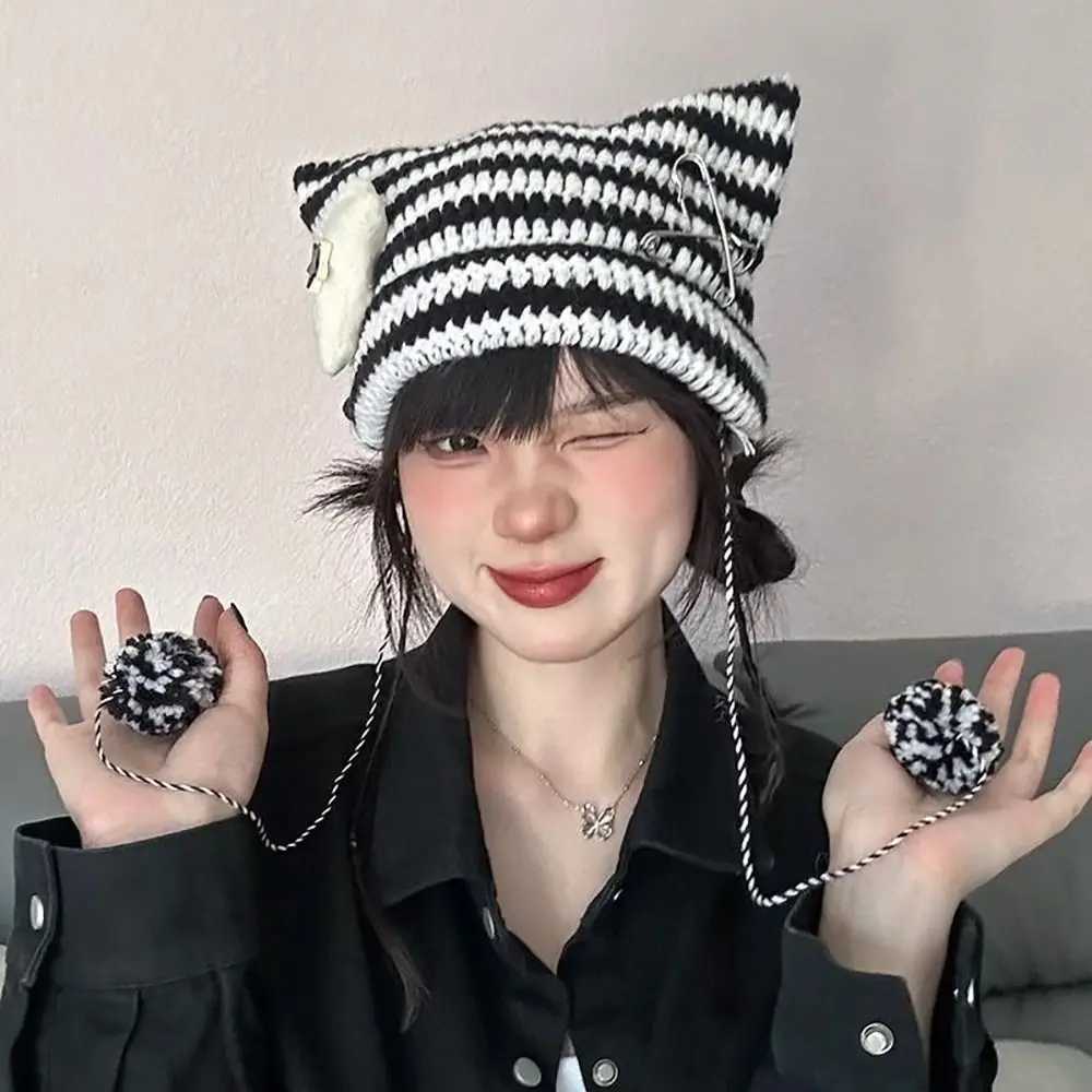 Ears Pointed Plover Y2K Cute Y2K Beanie Hat Striped Devil Ear Cat Star Devil Hat Autumn Winter X250212