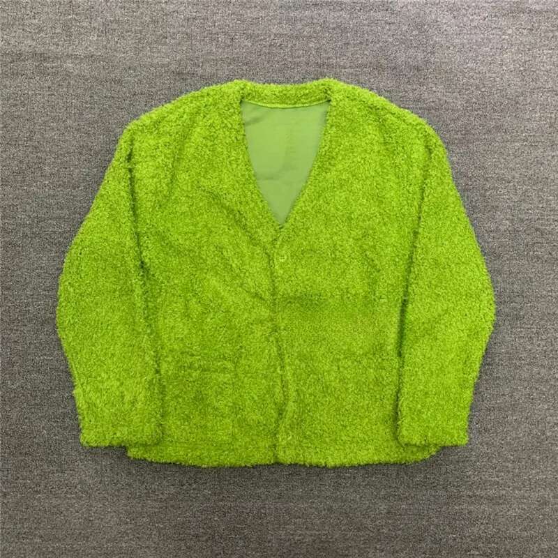 Green Cotton V-Neck Cardigan Jacket For Men & Women - Embroidered, Full Length, Street Style