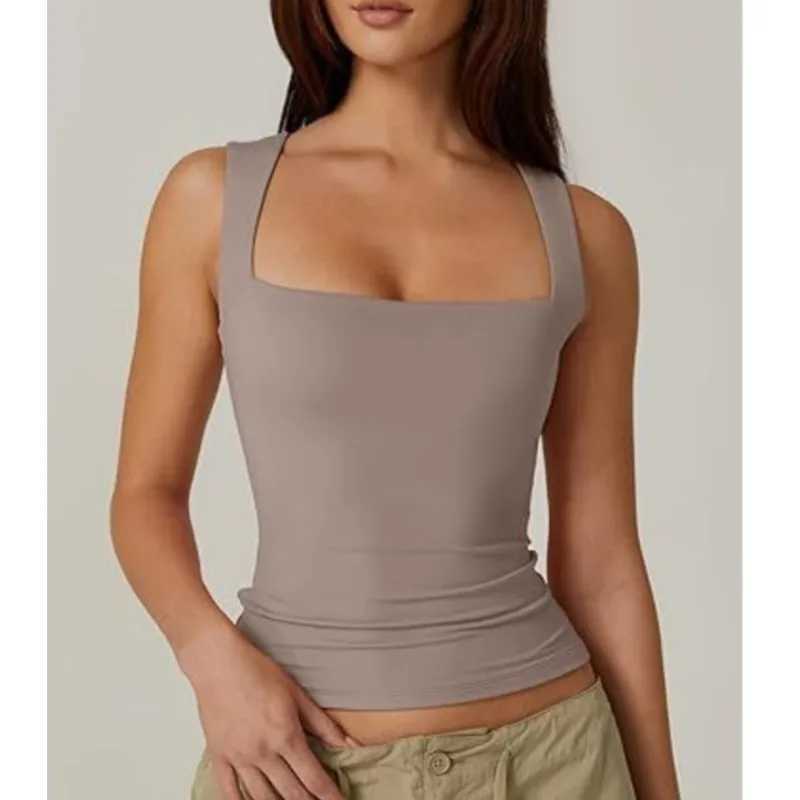 2024 Seaside Vacation Summer New Solid Color Womens Square Neck Sveless Double Layer Tank Top Basic Tight T-shirt for WomenXJ250212