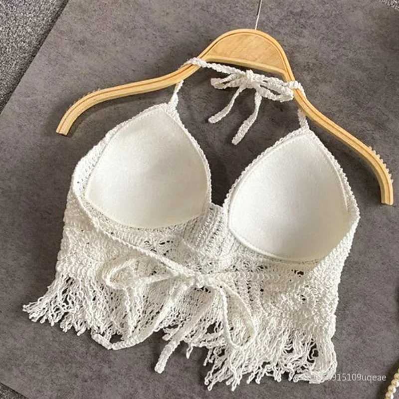 Sexy Hollow Out Underwear Women Summer Beach Short Tank Top Women Sweet Knitted Bra Tassel Women Short Top Debardeur FemmeXJ250212