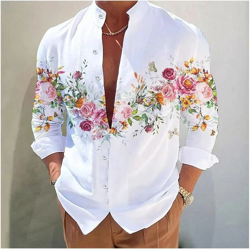 Mens shirt printed stand collar outdoor street long sleeve printed clothing Fashion casual comfortable top 250211