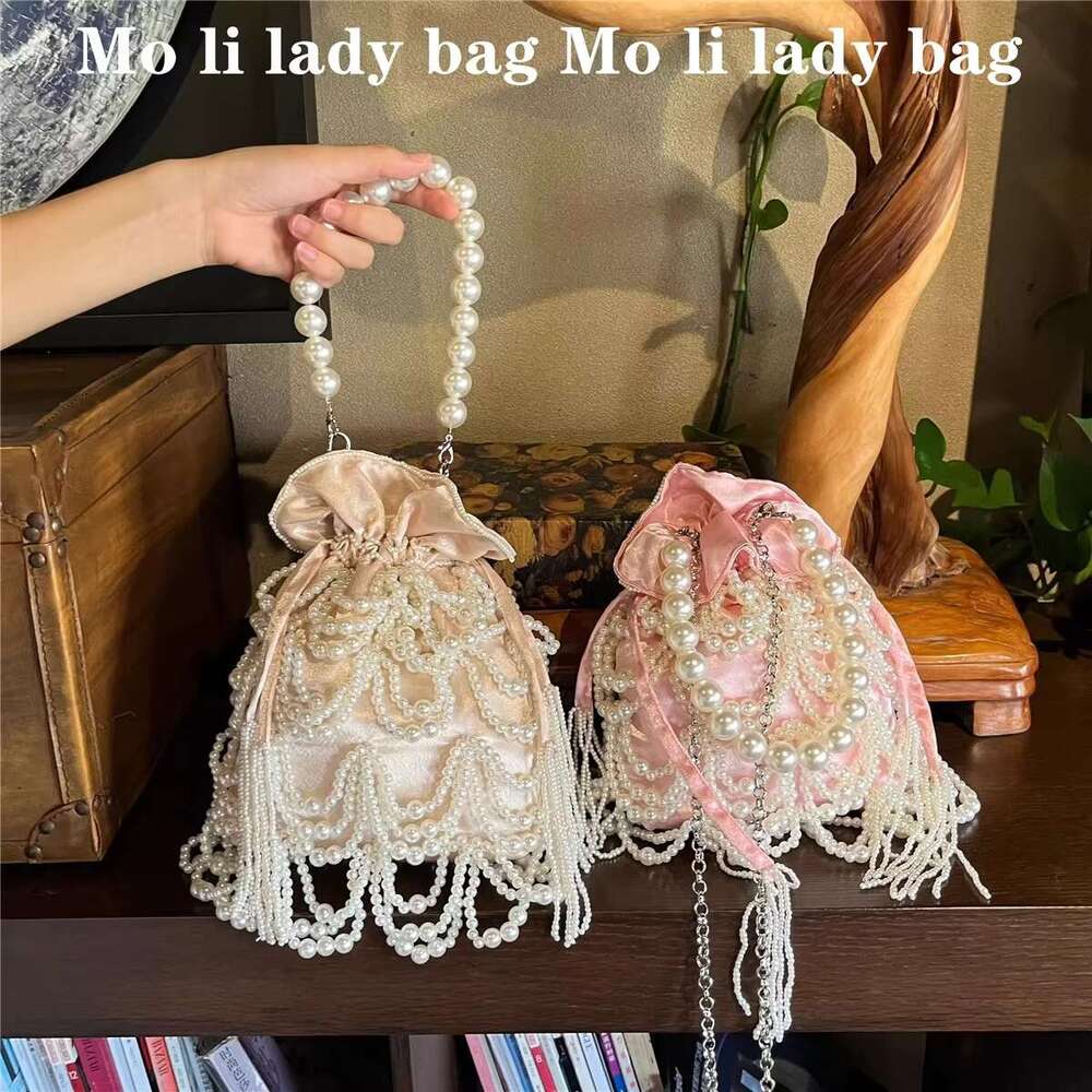 Pearl Beading Tassel Bucket Women's Handbag Beads Beaded Handmade Evening Wedding Party Clutch Purse Shoulder Bag