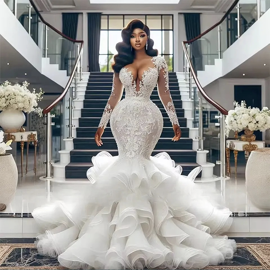 2025 Mermaid Wedding Dresses Bridal Gown Long Sleeves Straps Lace Appliqued Tier Bottom Africa Vestido De Novia