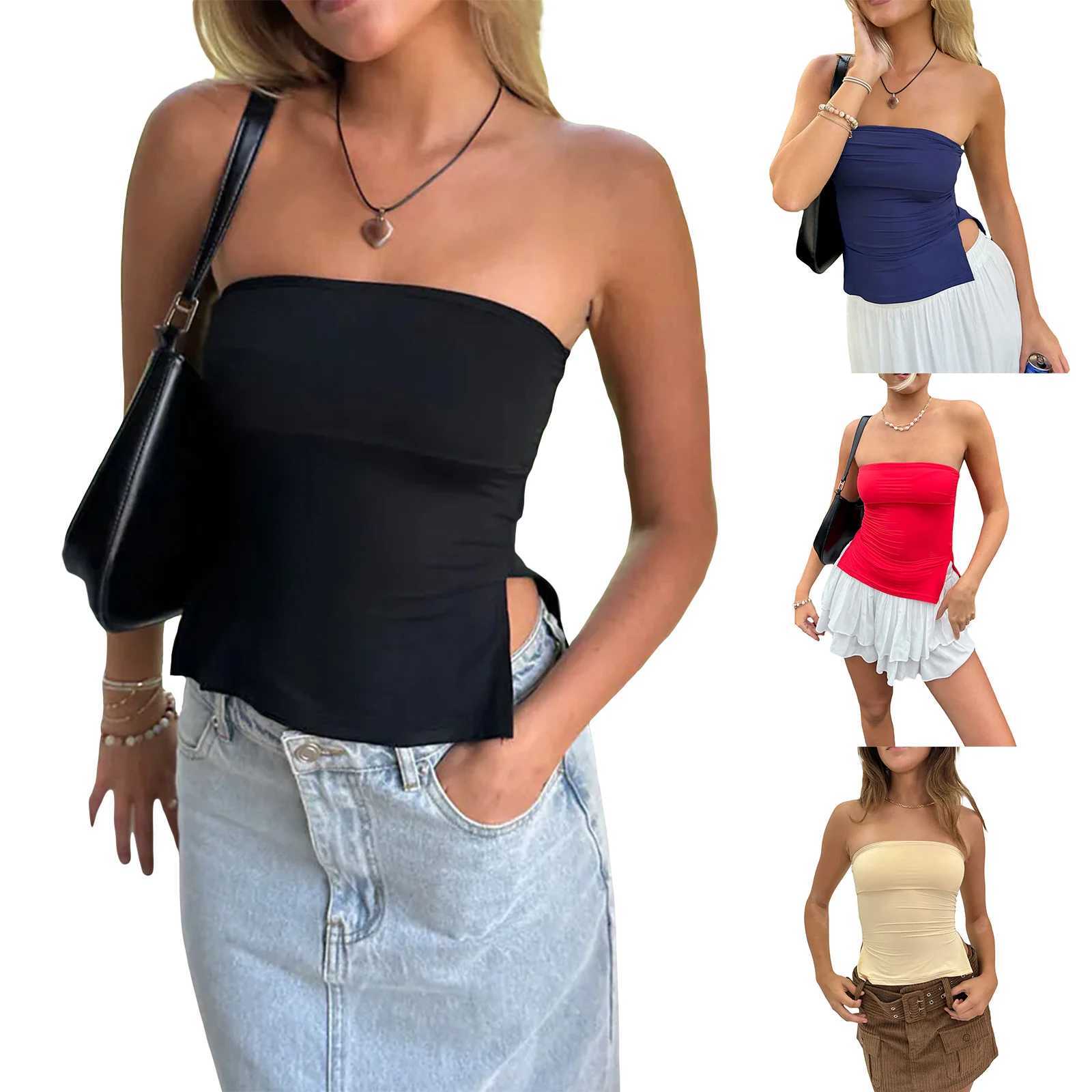 Women Tube Tops Solid Color Slit Strapless Tank Tops Summer Backless Bandeau Sveless Vest Tops StreetwearXJ250212
