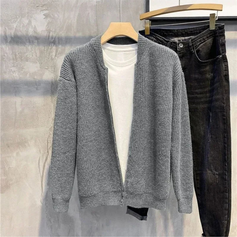 Knitted Sweaters for Men Black Man Clothes Plain Y2k Vintage Cardigan Solid Color Zip-up Zipper Collared Long Sleeve 100% Tops A 250211