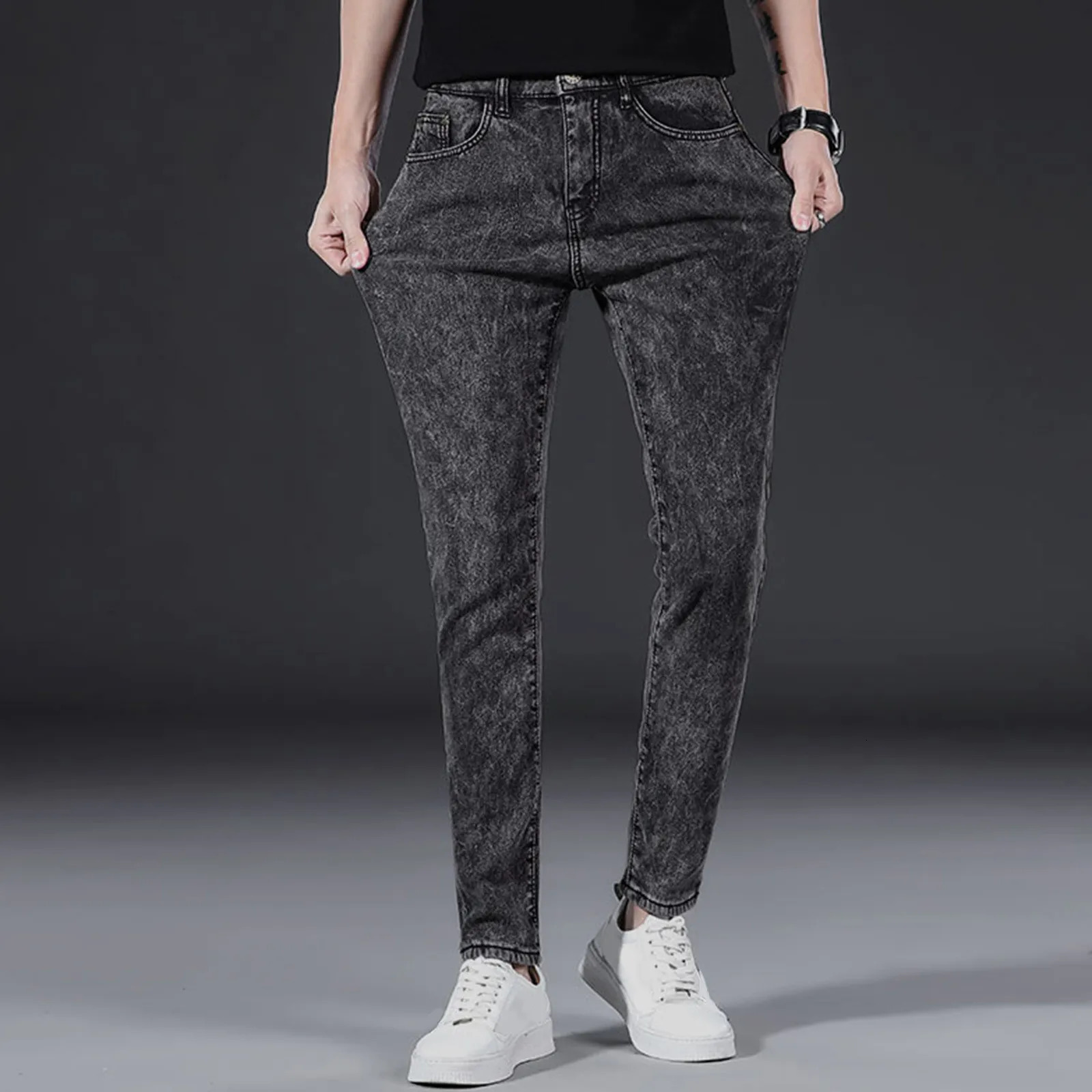 Mens Jeans Slim Stretch Work Outdoors Blue Trouser Straight Fleece Winter Thicken Plush Denim Pants Masculina 250211