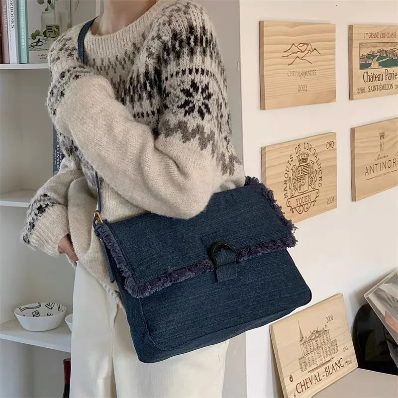 Women Men Denim Handbag Campus High Capacity Multiple Pockets Blue Shoulder Messenger Crossbody Bags Laptop Jean Purse 250207
