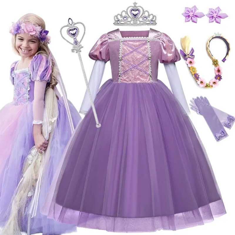 Rapunzel Princess Dress Girl Purple Long Sleeve Cosplay d Costume 2024 Halloween Vestido Kids Birthday Ball Gown ClothesXJ250117