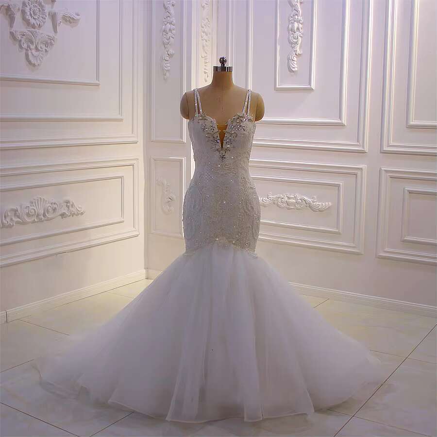 Customized Am341 Custom Made Spaghetti Straps Lace Applique Crystal Mermaid Wedding Dress