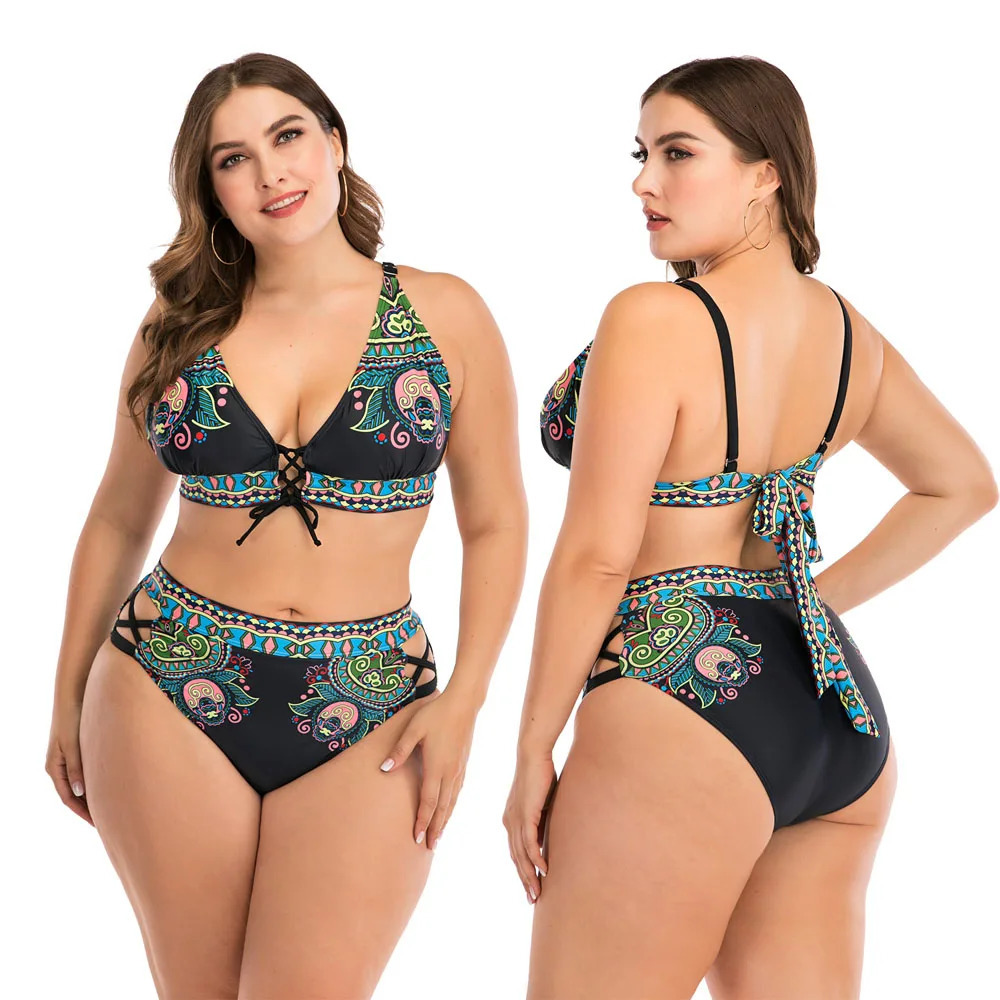 Women High Waist Bikini set Swimsuit Plus size Swimwear Large Big Plussize Swimming Suits Beachwear Wear For Female y250211