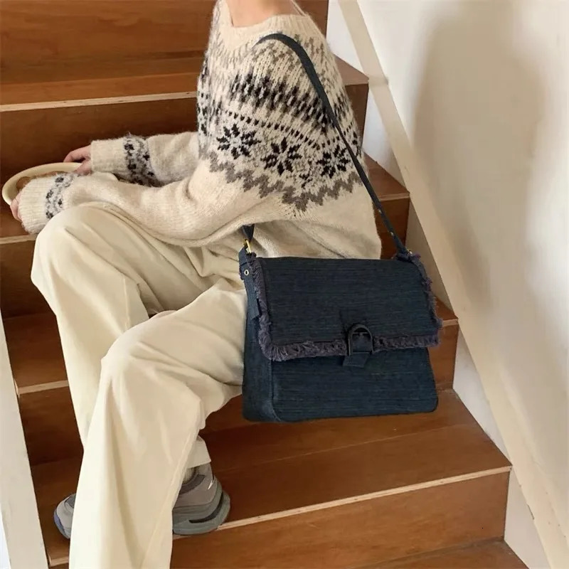 Women Men Denim Handbag Campus High Capacity Multiple Pockets Blue Shoulder Messenger Crossbody Bags Laptop Jean Purse 250207