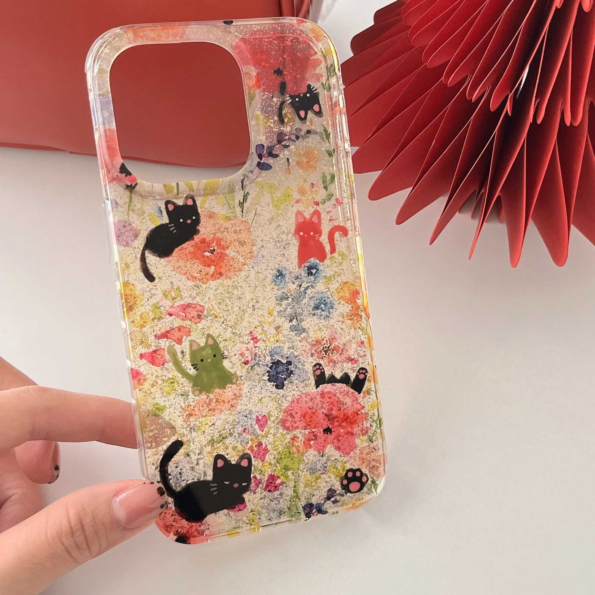 Fl Sn Sequin Flowers Cute Cartoon Black Cat White Bear Pendant Phone Case for iPhone 16 15 14 13 Pro Max Back Cover Funda Z250211