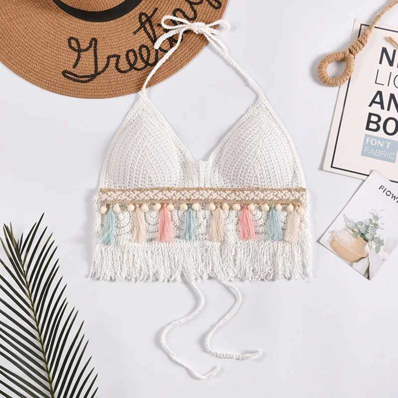Sexy Boho Beach Vacation Camisole Womens Swimsuit Bra Halter Tank Top Knitted Tassels Hollow Out Cropped Tops Sveless TopsXJ250212
