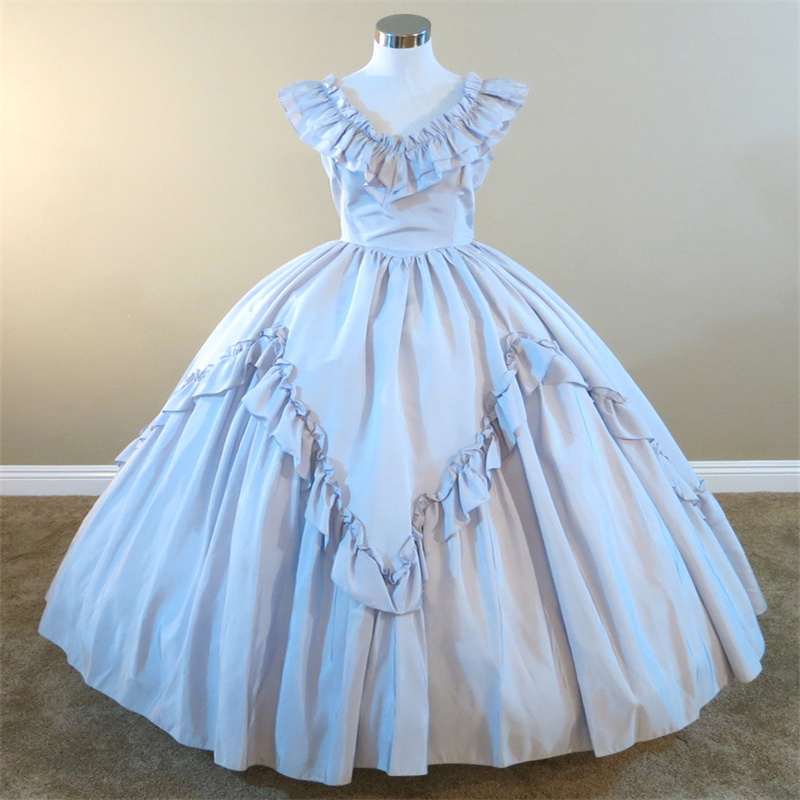 Light Blue 1860s Prom Dress V Neck Ruffles Civil War French Duchess Evening Dress Victorian Rococo British Party Gown 19th Medieval Birthday Dress 202