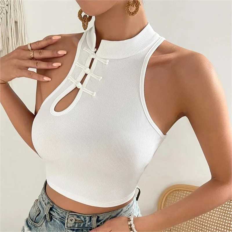 2024 New Fashion Women Vintage Chinese Button Tank Tops Halter Tops O-Neck Ele Crop Tops Off Shoulder Tops For WomenXJ250212